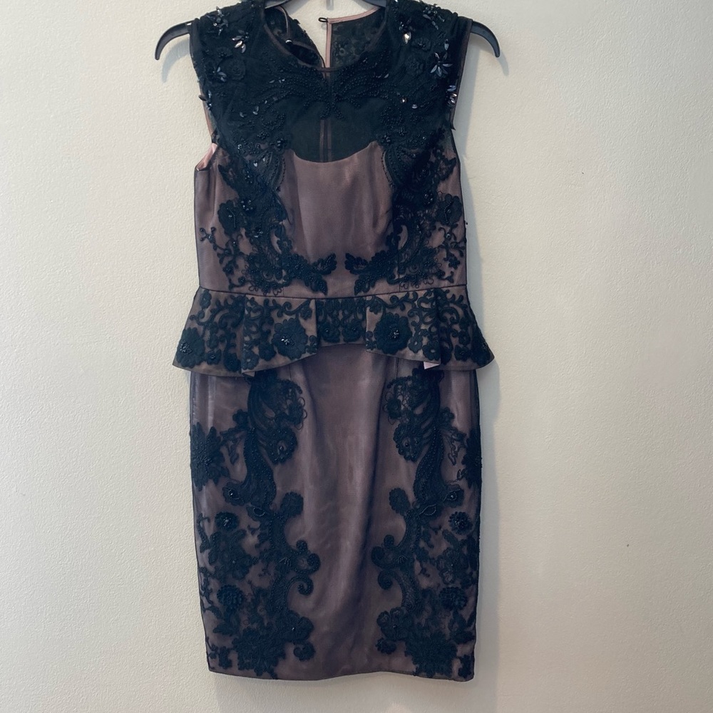 Karen Millen brand black peplum lace bead cocktail dress evening gown, size 10
